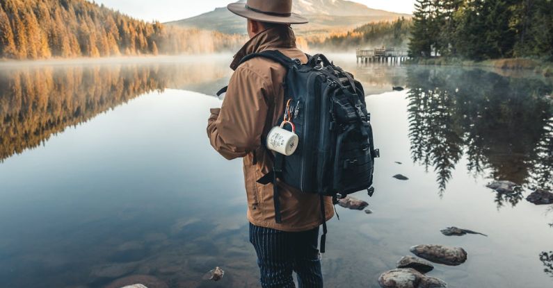Travel Photography - Man in Brown Jacket and Brown Hat Standing on Rock Near Lake
